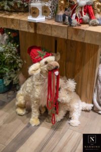 A stuffed dog holding his leash