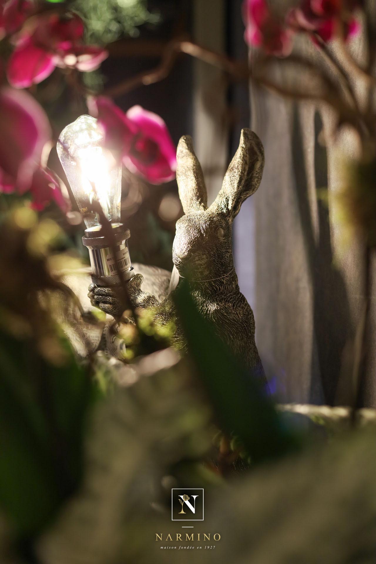 Un discret lapin caché derrière de belles orchidées