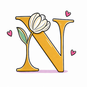 Decorative gold letter N with a white flower and pink hearts, on a soft pink shadow.