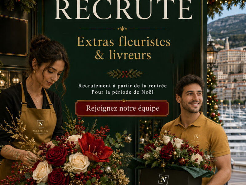 Two florists in brown uniforms pose with festive bouquets beside a dark green storefront sign that reads 'NARMINO Recrute Extras fleuristes & livreurs' for Christmas hiring.